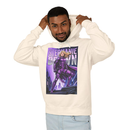 Stephanie Brown Hoodie | DC Superhero Hoodie | Spoiler Legacy Pullover - model wearing cream hoodie with purple Stephanie Brown graphic