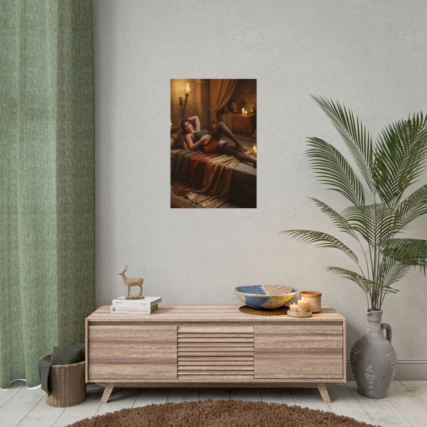Lara Croft Poster, Tomb Raider Art Print – Iconic Adventure Heroine displayed as premium gaming room wall art over modern console table