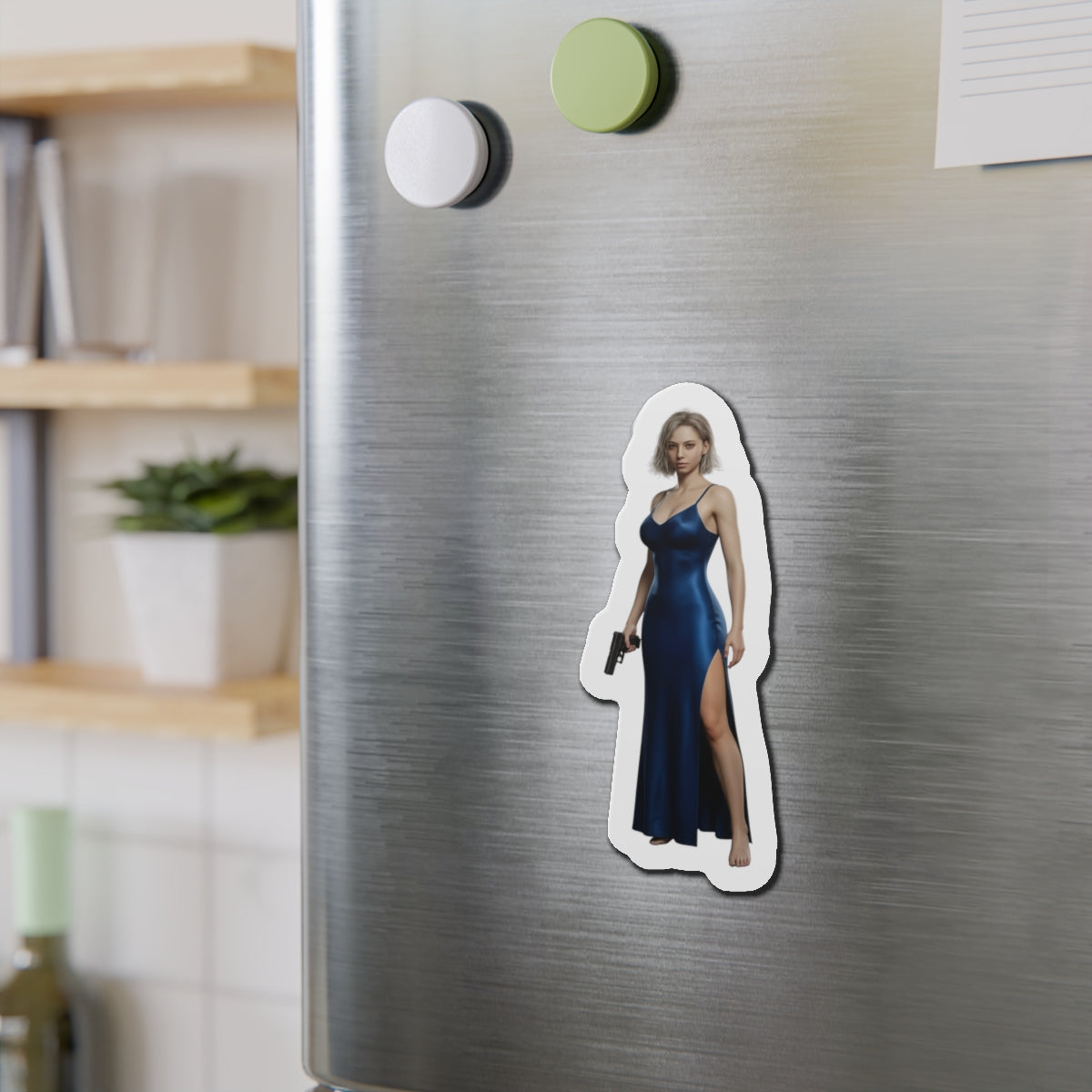 Grace Ashcroft Magnet, Resident Evil Fridge Magnet, Gaming Room Decor - anime-style Grace Ashcroft vinyl fridge magnet on stainless steel fridge