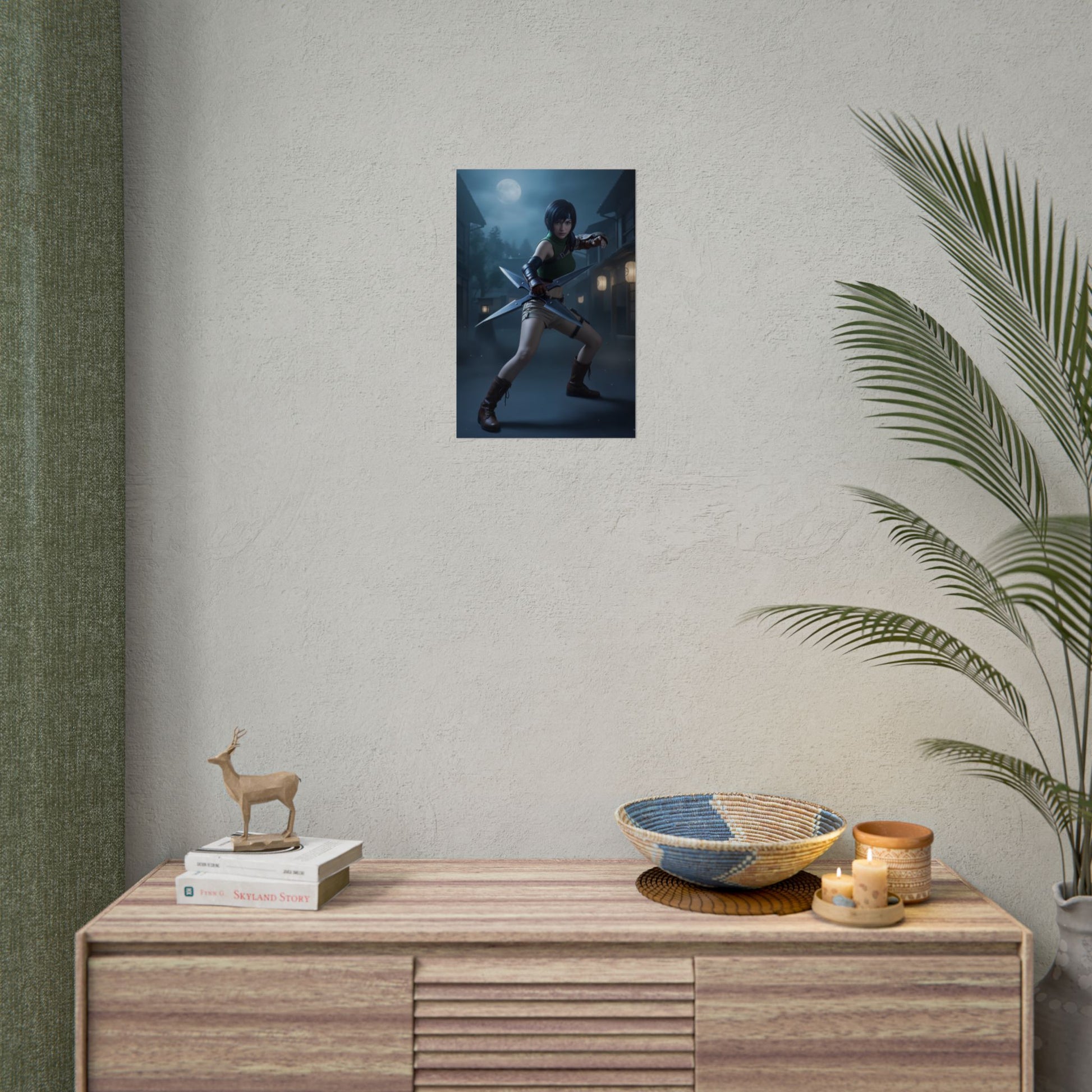 Yuffie Poster, Final Fantasy Art Print – Classic RPG Wall Art for Gamers on neutral wall above console, high-resolution character print