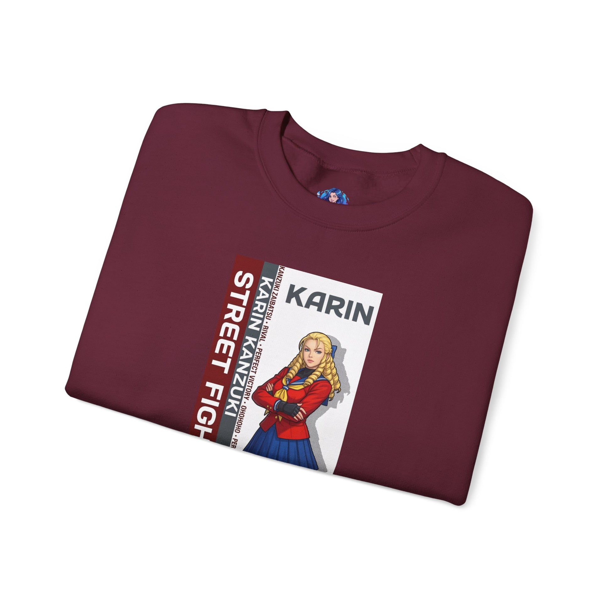 Karin Sweatshirt, Street Fighter Crewneck, Elegant Fighting Game Apparel for Fans featuring Karin portrait on burgundy folded crewneck