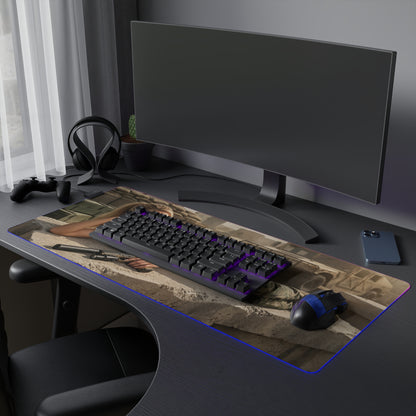 Sonya Blade Desk Mat – LED RGB Pad, Waifu Fighter Anime Girl Setup on gaming desk with keyboard mouse and curved monitor, tactical anime fighter design