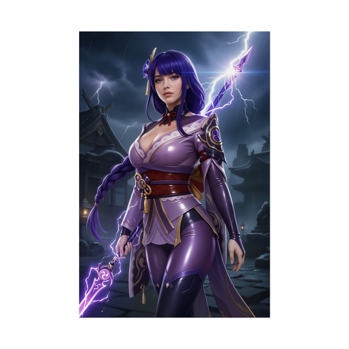 Alt Tag: Raiden Shogun Poster, Genshin Impact Art Print  Iconic Electro Archon purple-clad character holding lightning spear in dramatic stormy shrine scene