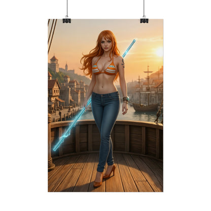 Nami Poster, One Piece Art Print, Iconic Navigator Anime Character - confident Nami on ship deck at sunset, modern interior anime wall art