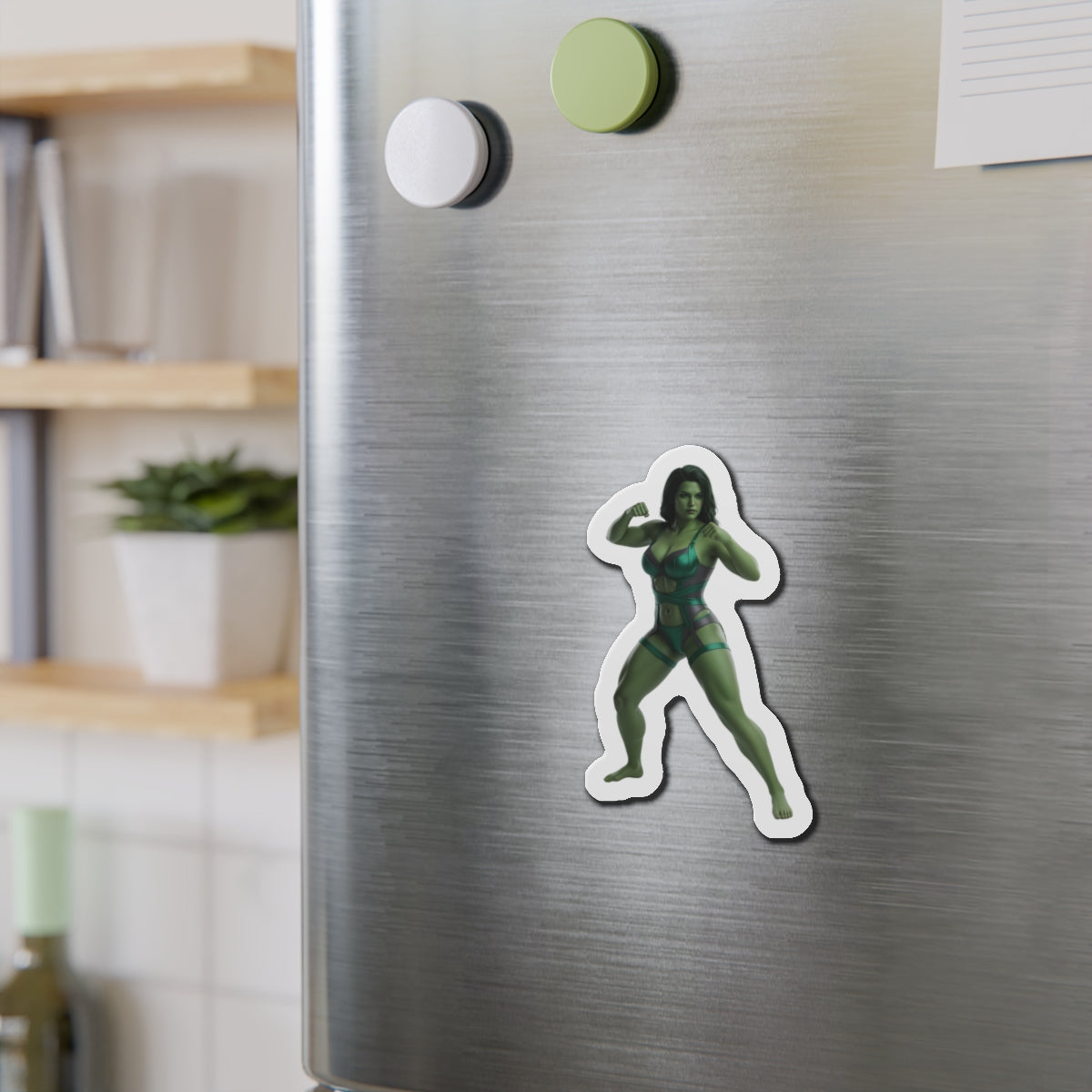She-Hulk Magnet – Marvel Heroine Fridge Magnet, Anime Style Decor – die-cut vinyl fridge magnet showing confident anime-style She-Hulk character