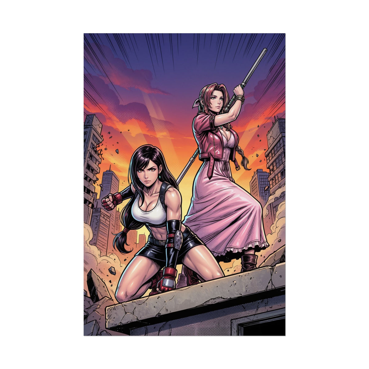 Tifa Lockhart & Aerith Gainsborough Poster / Tifa & Aerith Wall Art / Tifa & Aerith Art Print / Final Fantasy Poster  dynamic heroine duo on ruined skyline