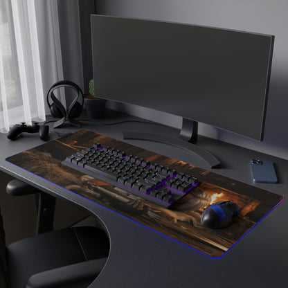 Ciri Desk Mat – LED RGB Pad, Waifu Fantasy Girl Gaming Setup on desk with RGB lighting, smooth precision-cloth surface, keyboard and mouse