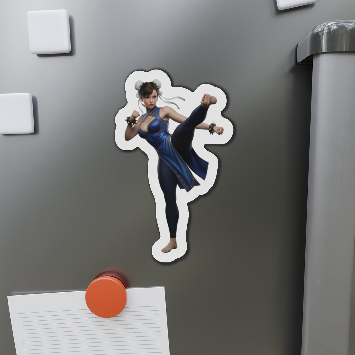 Chun-Li Magnet – Street Fighter Anime Heroine Fridge Magnet, Game Decor die-cut vinyl fridge magnet showing Chun-Li in kicking pose