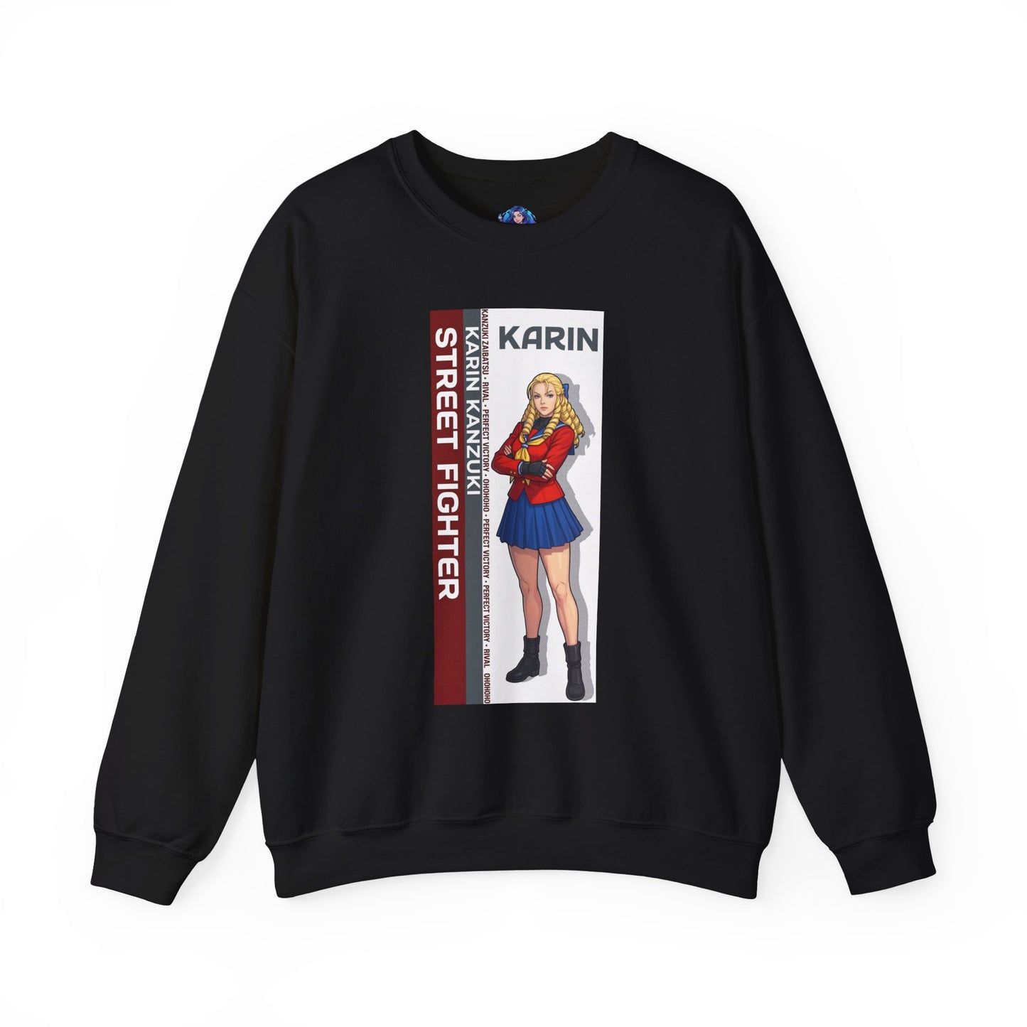 Karin Sweatshirt, Street Fighter Crewneck, Elegant Fighting Game Apparel for Fans - black crewneck featuring Karin illustration and vertical Street Fighter panel