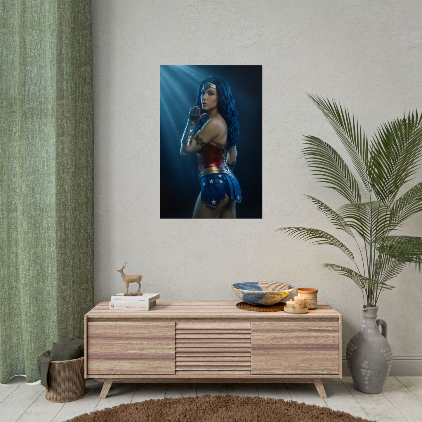 Wonder Woman Poster – Iconic Warrior Heroine Wall Art for Gamer Decor showcased in gaming room with vivid colors and high-resolution print