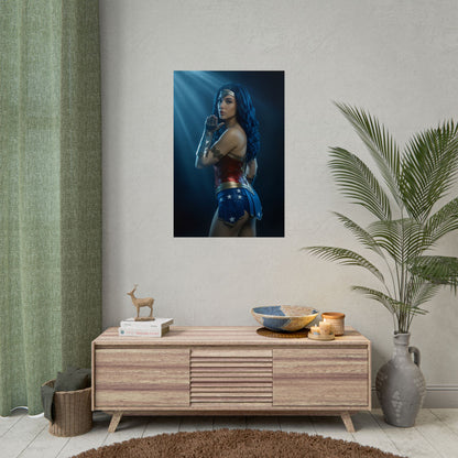 Wonder Woman Poster – Iconic Warrior Heroine Wall Art for Gamer Decor showcased in gaming room with vivid colors and high-resolution print