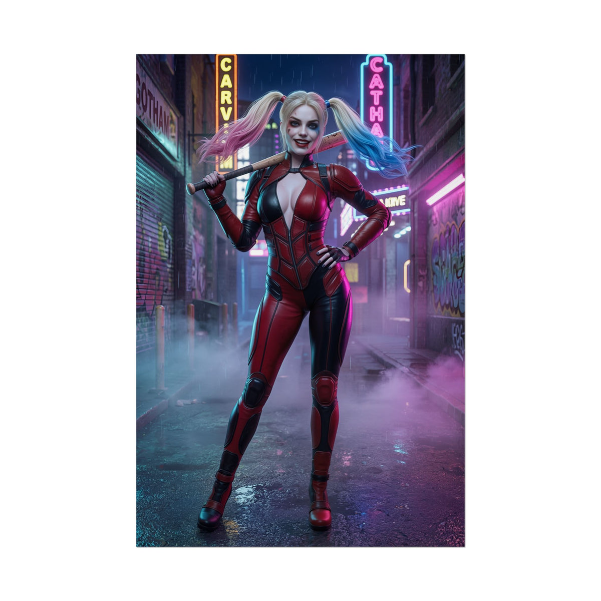 Harley Quinn Poster, DC Comics Wall Art Print  Comic Decor - neon street scene poster of Harley Quinn in red black suit holding bat