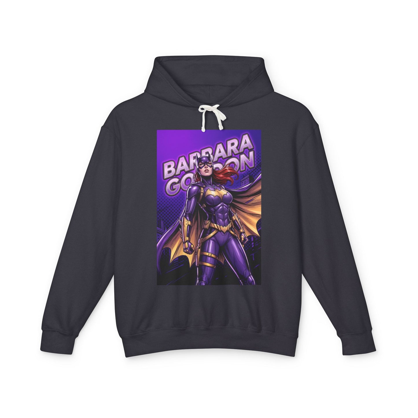 Batgirl Hoodie | DC Superhero Hoodie | Gotham Vigilante Pullover - purple-and-gold Batgirl graphic pullover, lightweight 100% cotton
