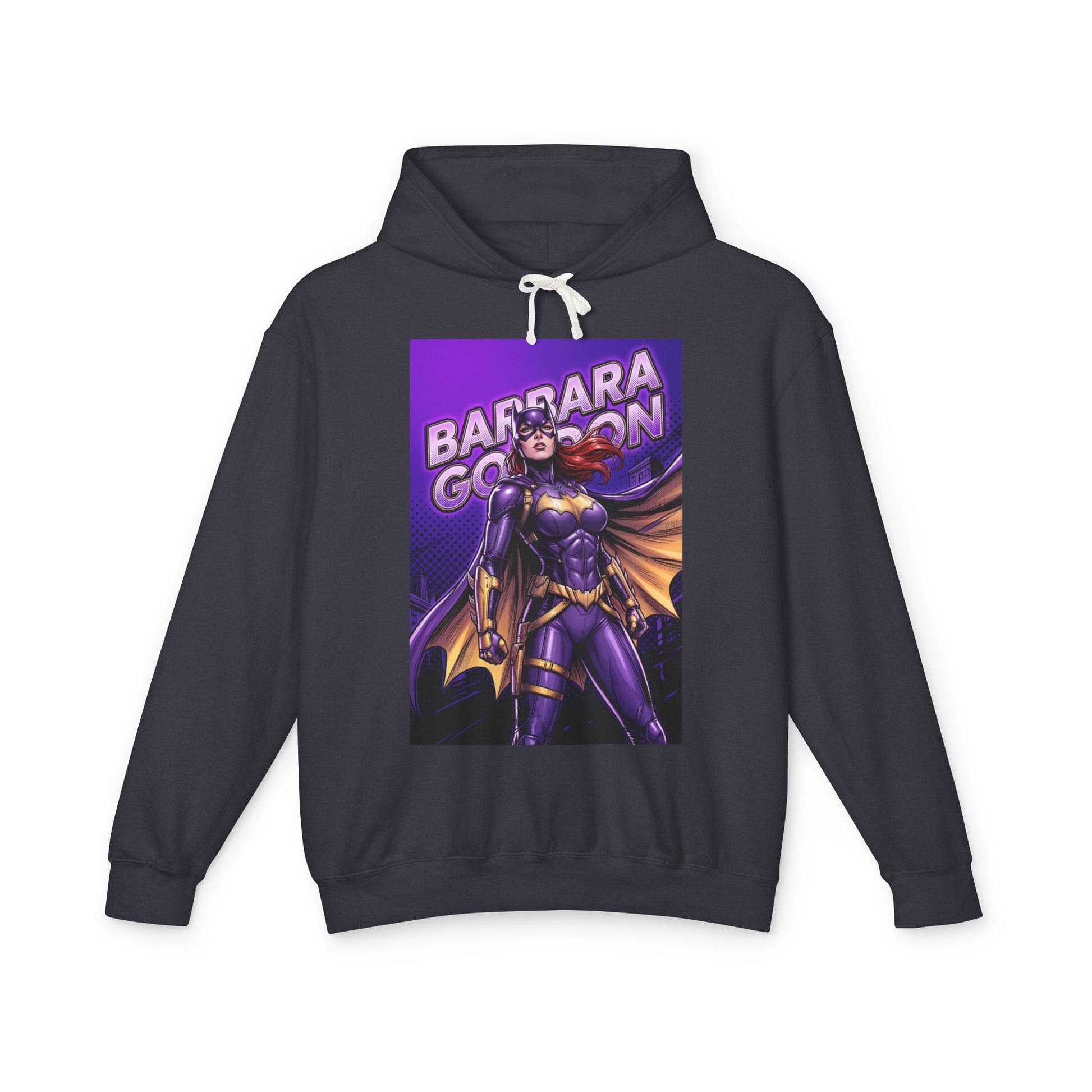 Batgirl Hoodie | DC Superhero Hoodie | Gotham Vigilante Pullover - purple-and-gold Batgirl graphic pullover, lightweight 100% cotton