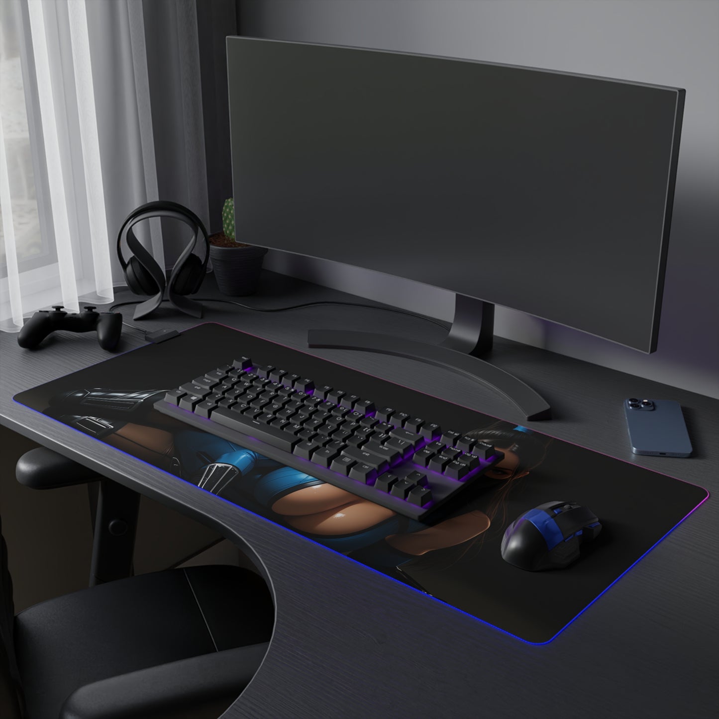 Kitana Schreibtischunterlage – LED RGB-Pad, Waifu Anime-Mädchen Gaming-Setup