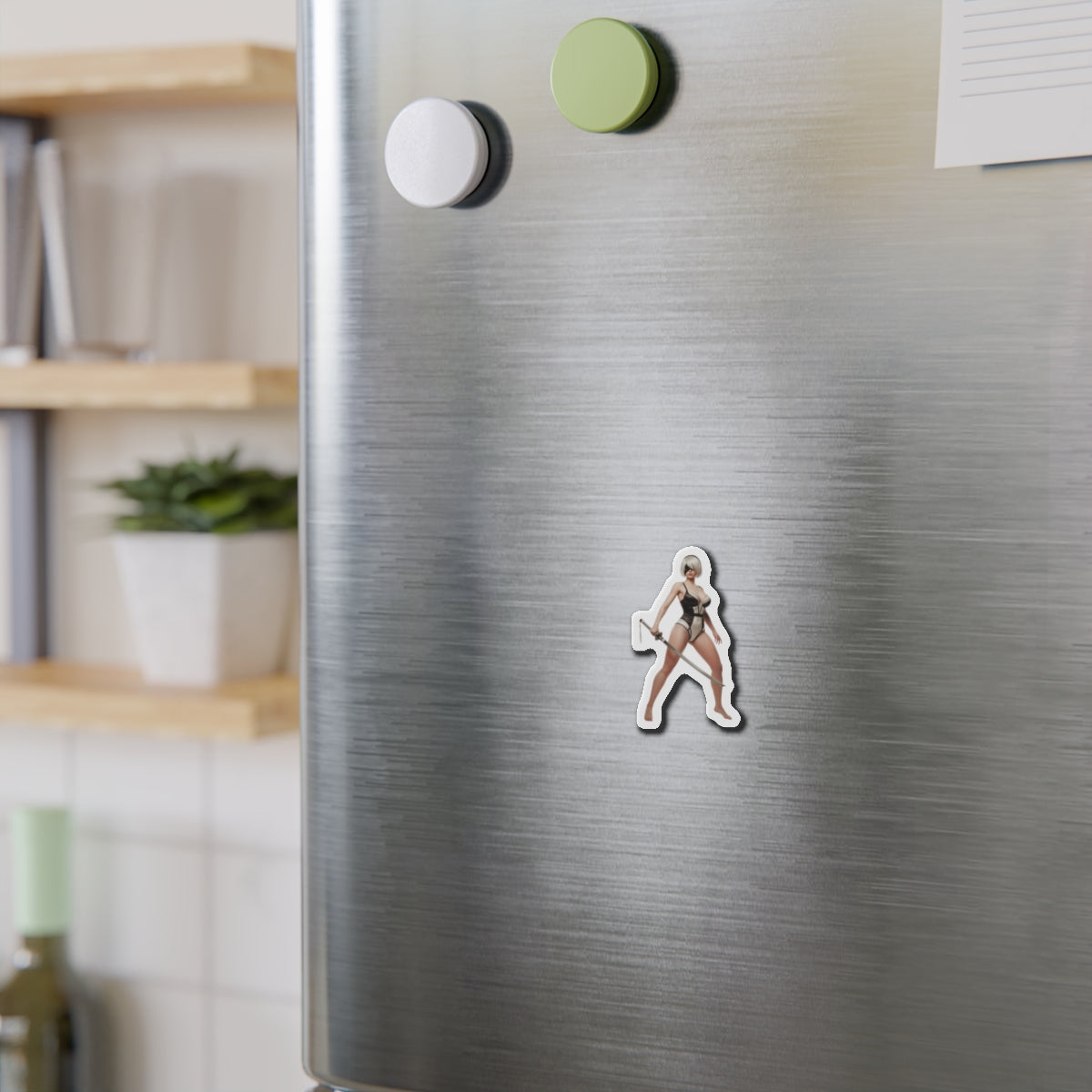2B Magnet – NieR Automata Anime Heroine Fridge Magnet, Game Decor on stainless fridge showing die-cut vinyl 2B character magnet
