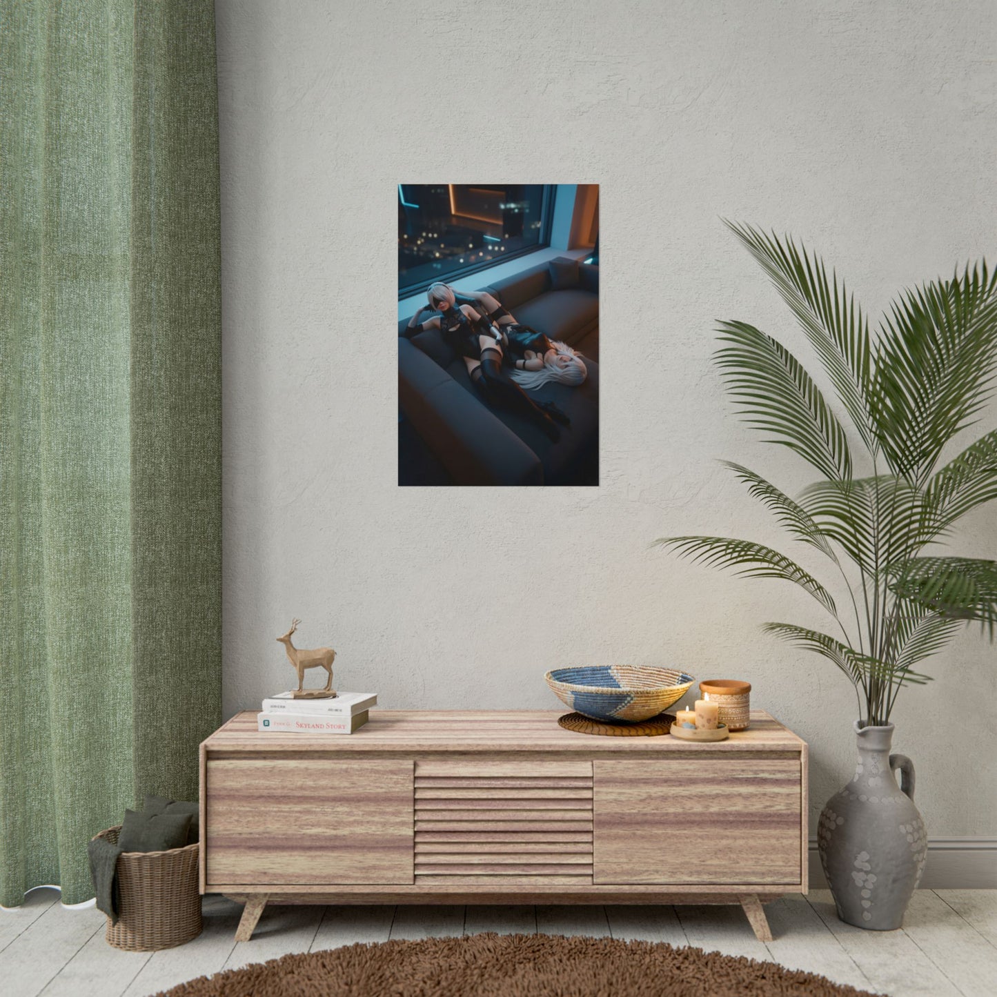 2B and A2 Poster, NieR Automata Art Print – Iconic Android Duo Wall Art showing duo on modern living room wall