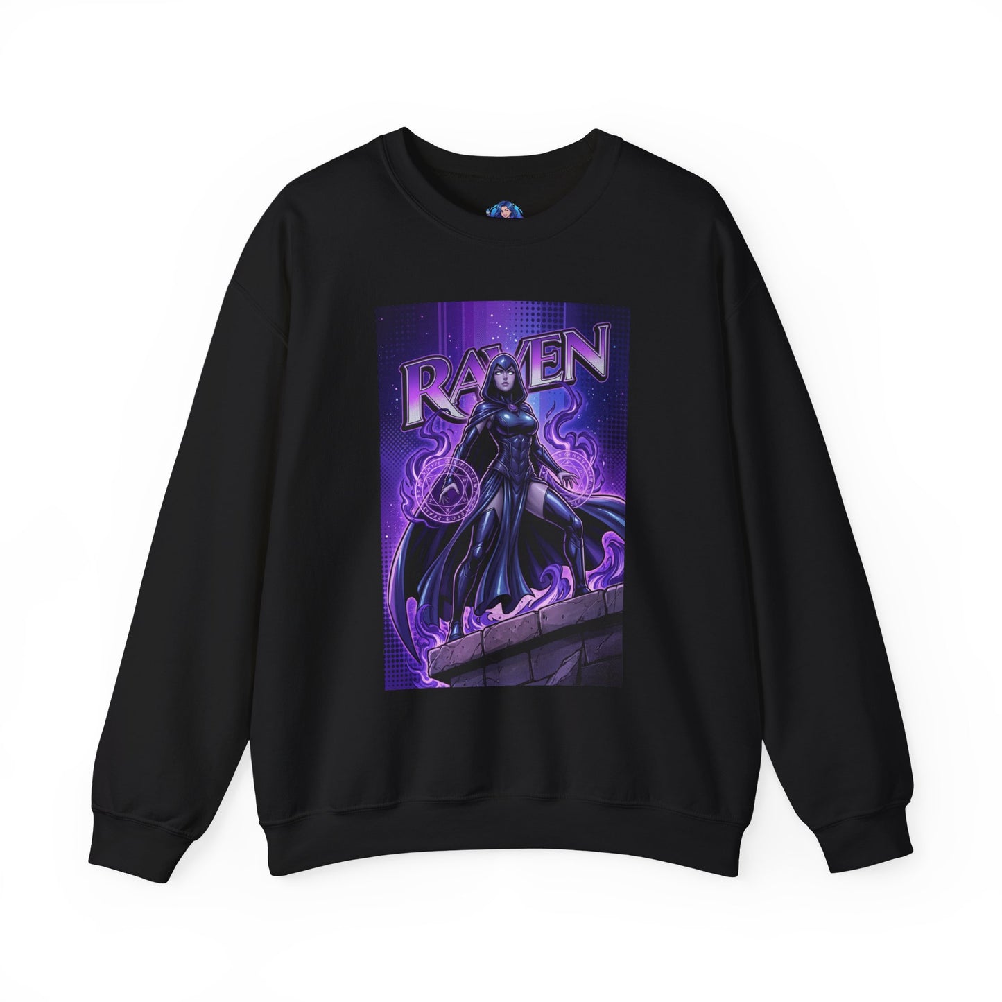 Raven Sweatshirt, DC Comics Art Print Style, Premium Mystic Apparel - black crewneck with purple arcane Raven illustration