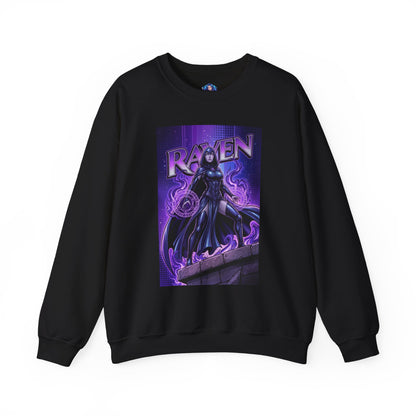 Raven Sweatshirt, DC Comics Art Print Style, Premium Mystic Apparel - black crewneck with purple arcane Raven illustration