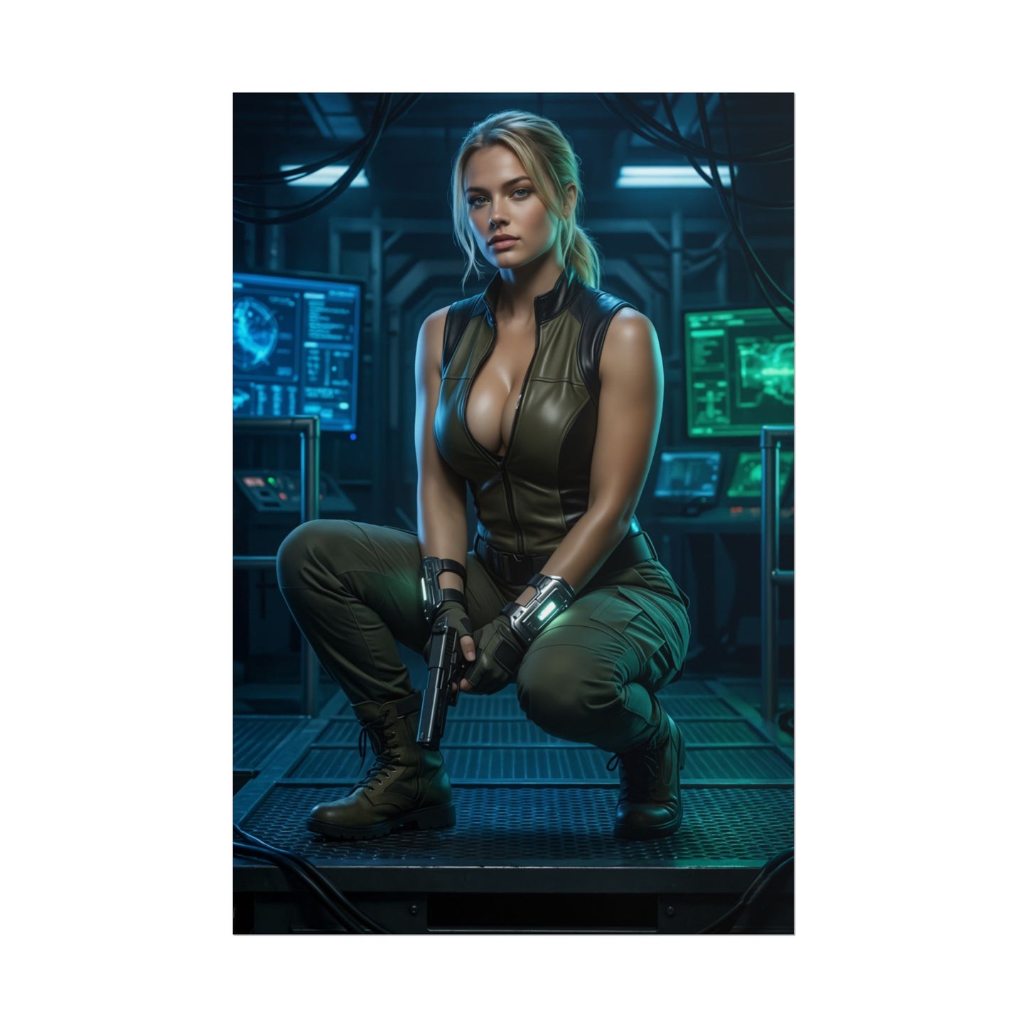 Sonya Blade Mortal Kombat Poster – Iconic Fighting Game Heroine Wall Art featuring Sonya in tactical gear with pistol, vivid high-resolution gaming room print