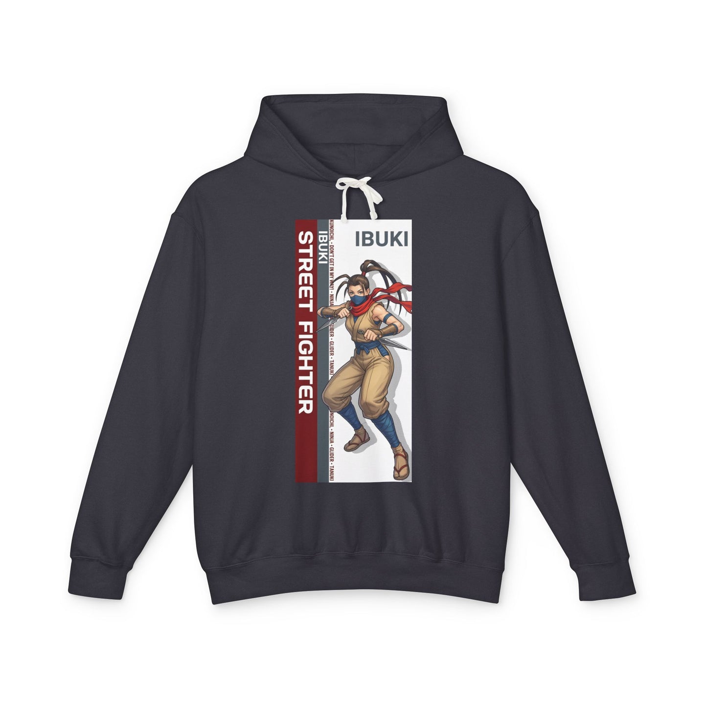 Ibuki Hoodie | Street Fighter Hoodie | Anime Ninja Girl Pullover - navy pullover with vertical Ibuki Street Fighter anime kunoichi illustration