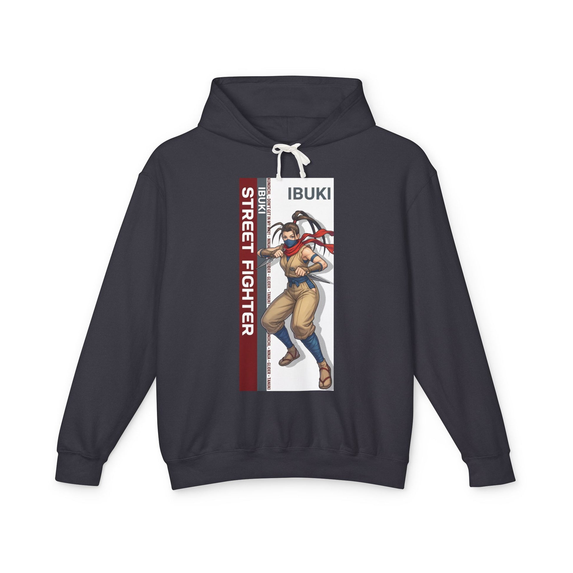 Ibuki Hoodie | Street Fighter Hoodie | Anime Ninja Girl Pullover - navy pullover with vertical Ibuki Street Fighter anime kunoichi illustration