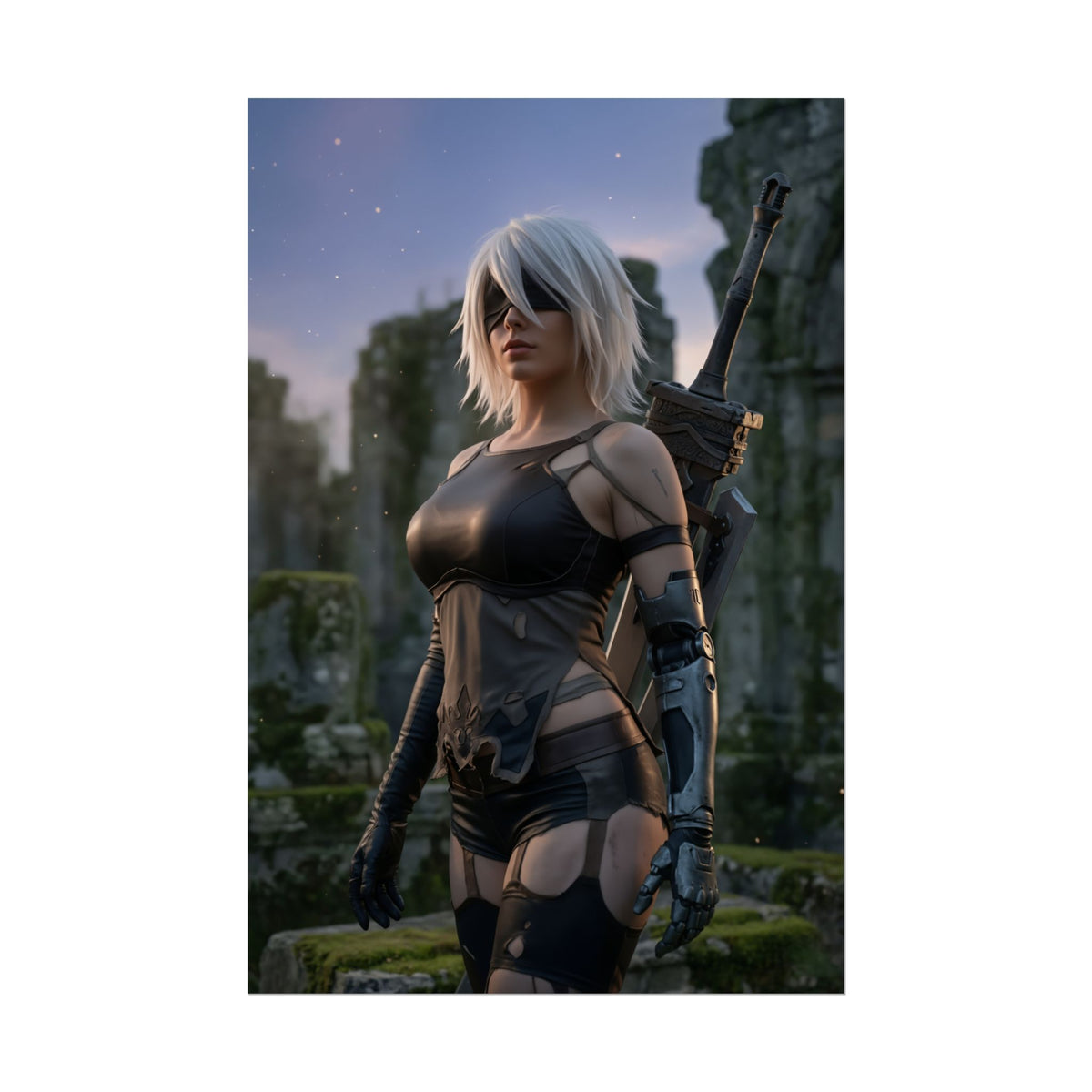 A2 Poster, NieR Automata Art Print  Iconic Android Warrior Wall Art showing A2 in black combat outfit with sword in ruined mossy landscape