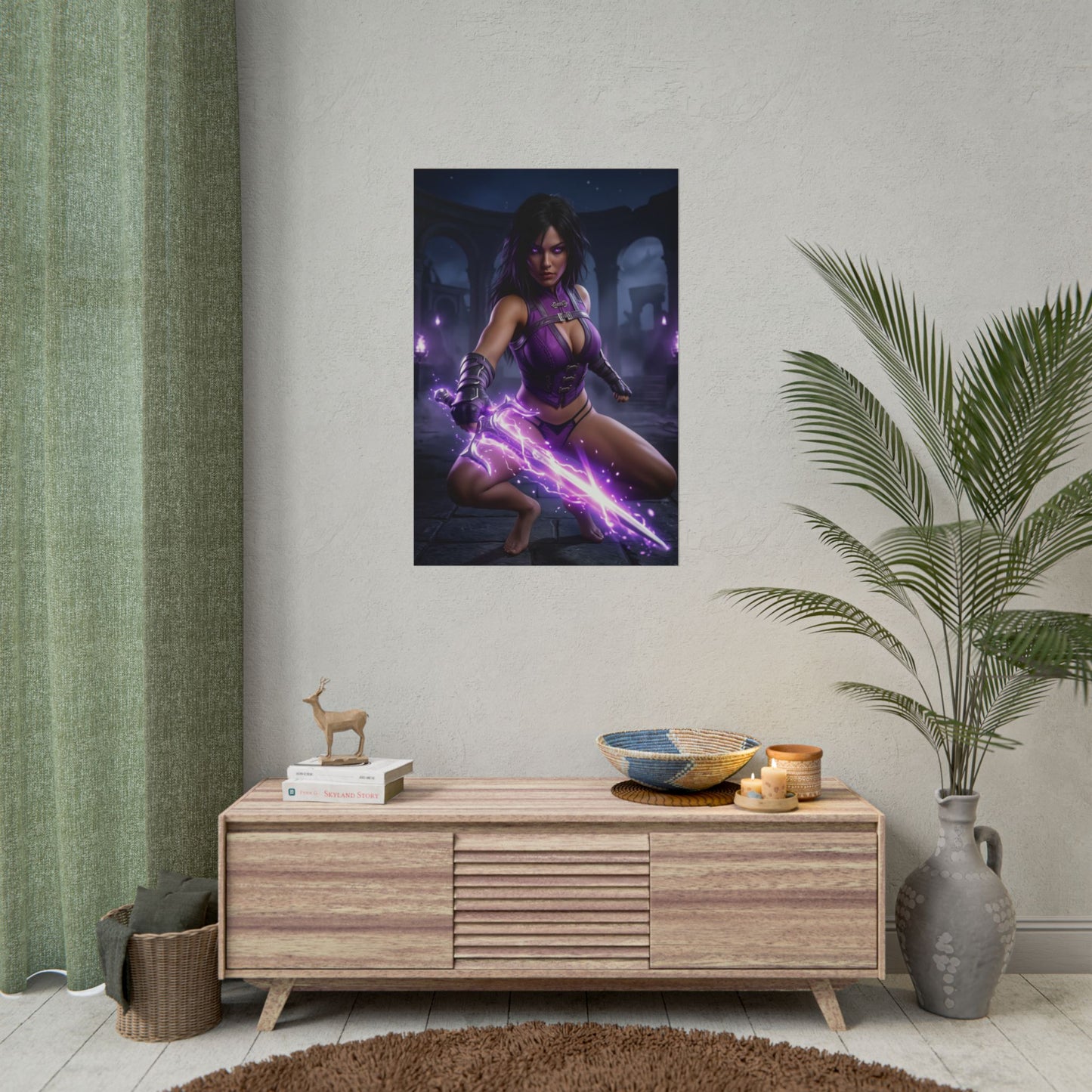 Mileena Poster Mortal Kombat Wall Art Print Dark Fantasy Decor - cinematic close combat pose with glowing purple energy weapon