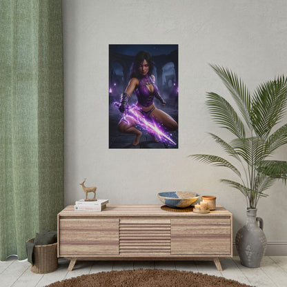 Mileena Poster Mortal Kombat Wall Art Print Dark Fantasy Decor - cinematic close combat pose with glowing purple energy weapon