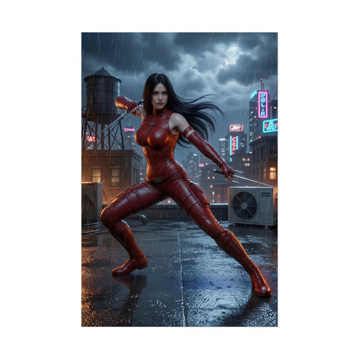 Elektra Poster, Marvel Art Print  Superhero Assassin Wall Art  dramatic rain rooftop pose of Elektra in red suit for gamer room and fan collections