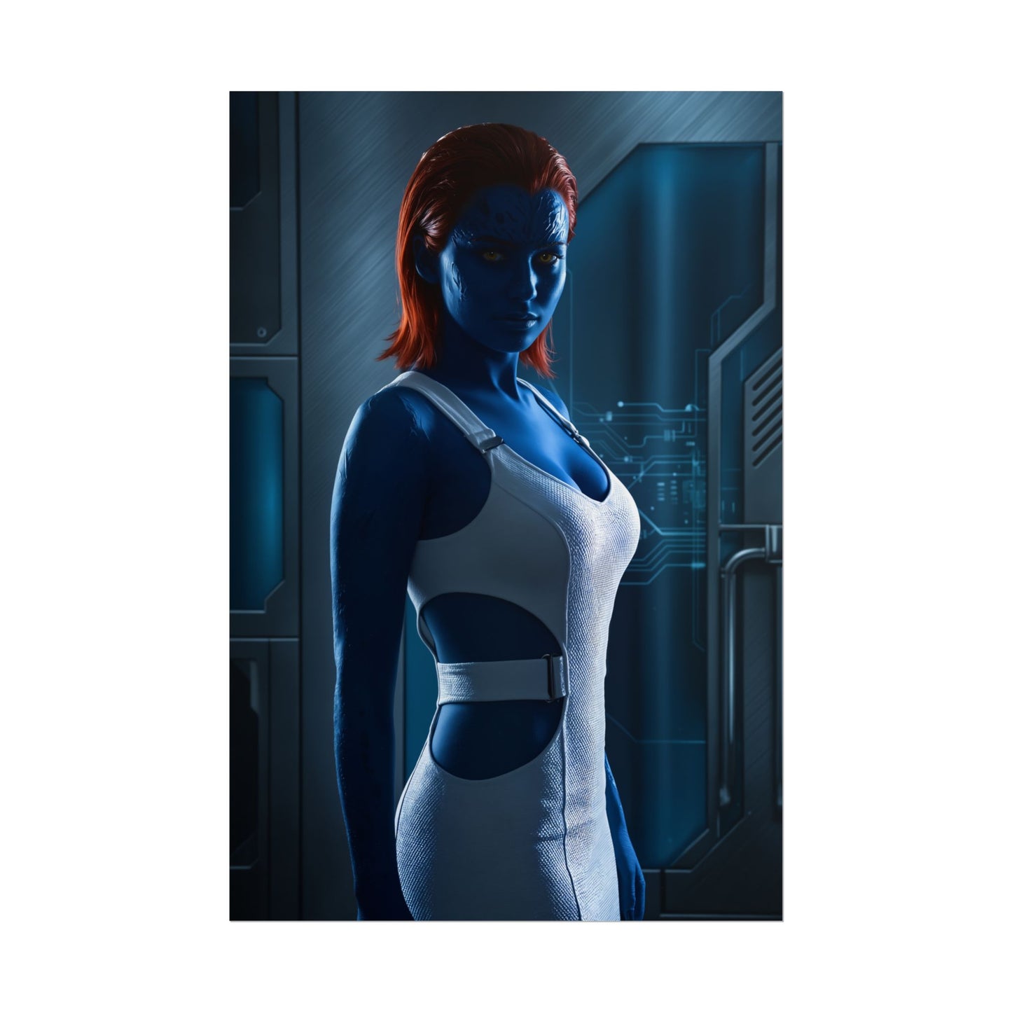 Mystique Poster, Marvel Art Print – Iconic Shapeshifter Heroine Wall Art showcasing blue-skinned Mystique in high-resolution semi-glossy poster