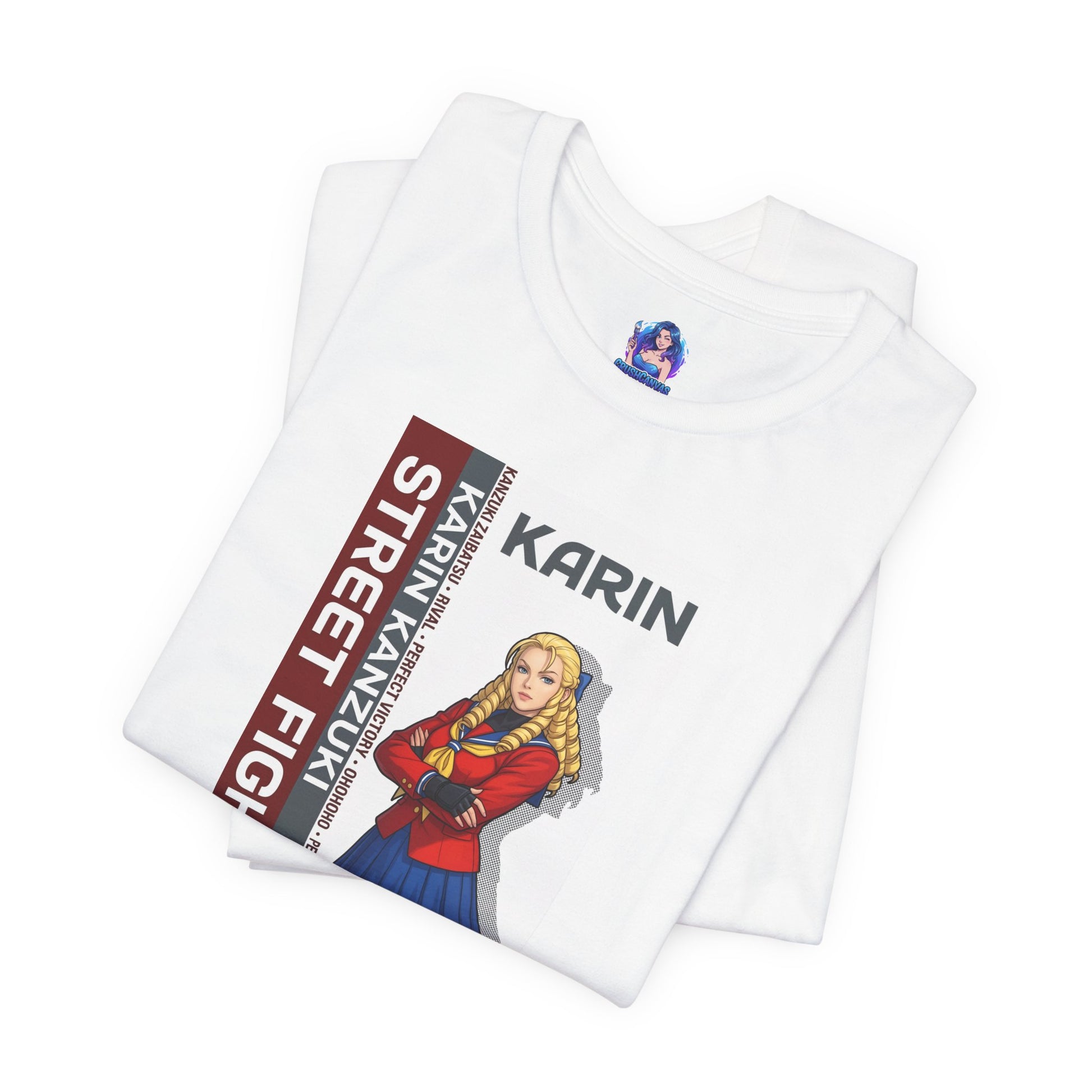 Karin Kanzuki T-Shirt | Street Fighter Anime Tee for Gamers & Fighting Game Fans - folded white Bella Canvas tee with Karin illustration