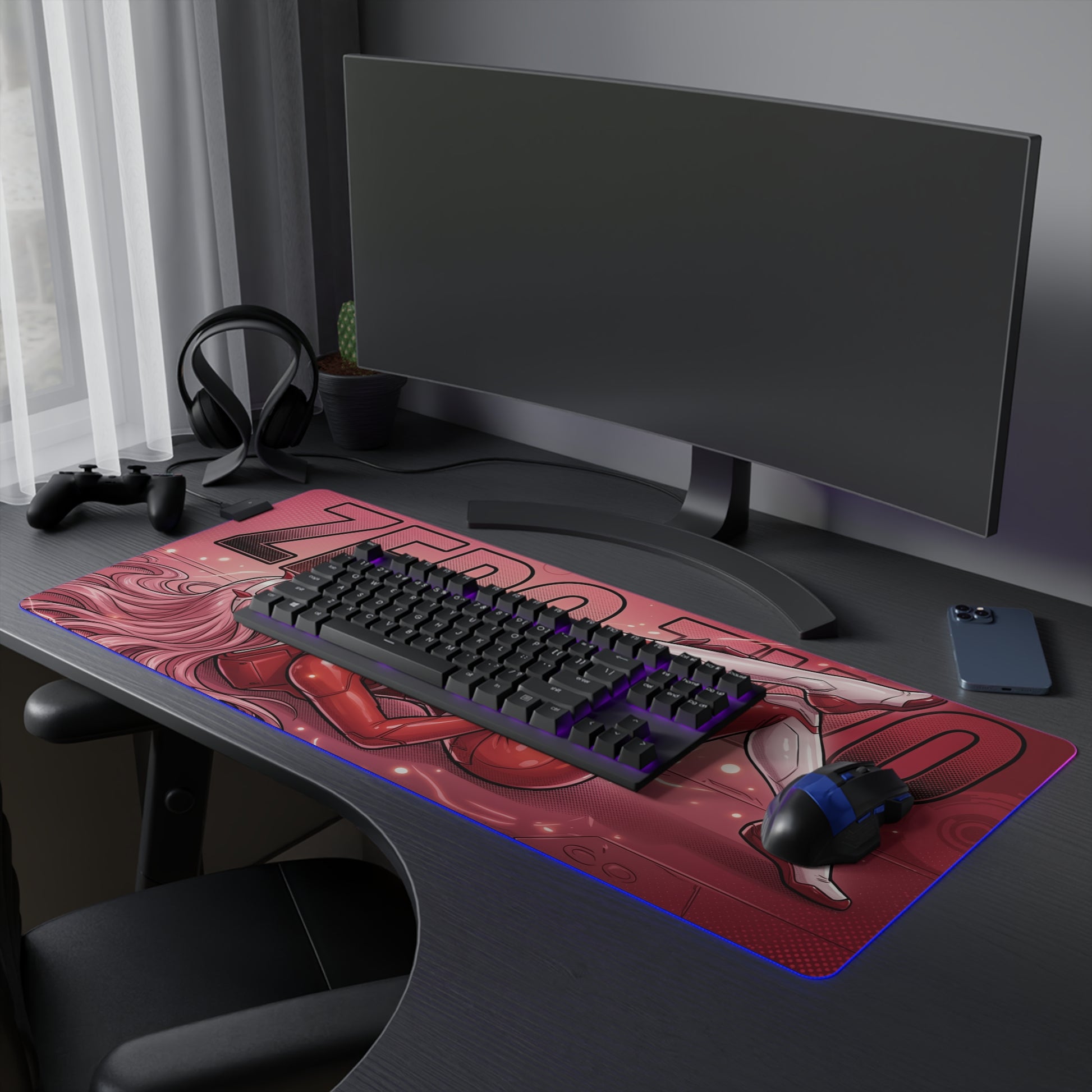 Zero Two RGB Desk Mat, Anime Gaming Mouse Pad, LED Desk Mat for Gamer Setup featuring bold red anime character pose and RGB edge lighting