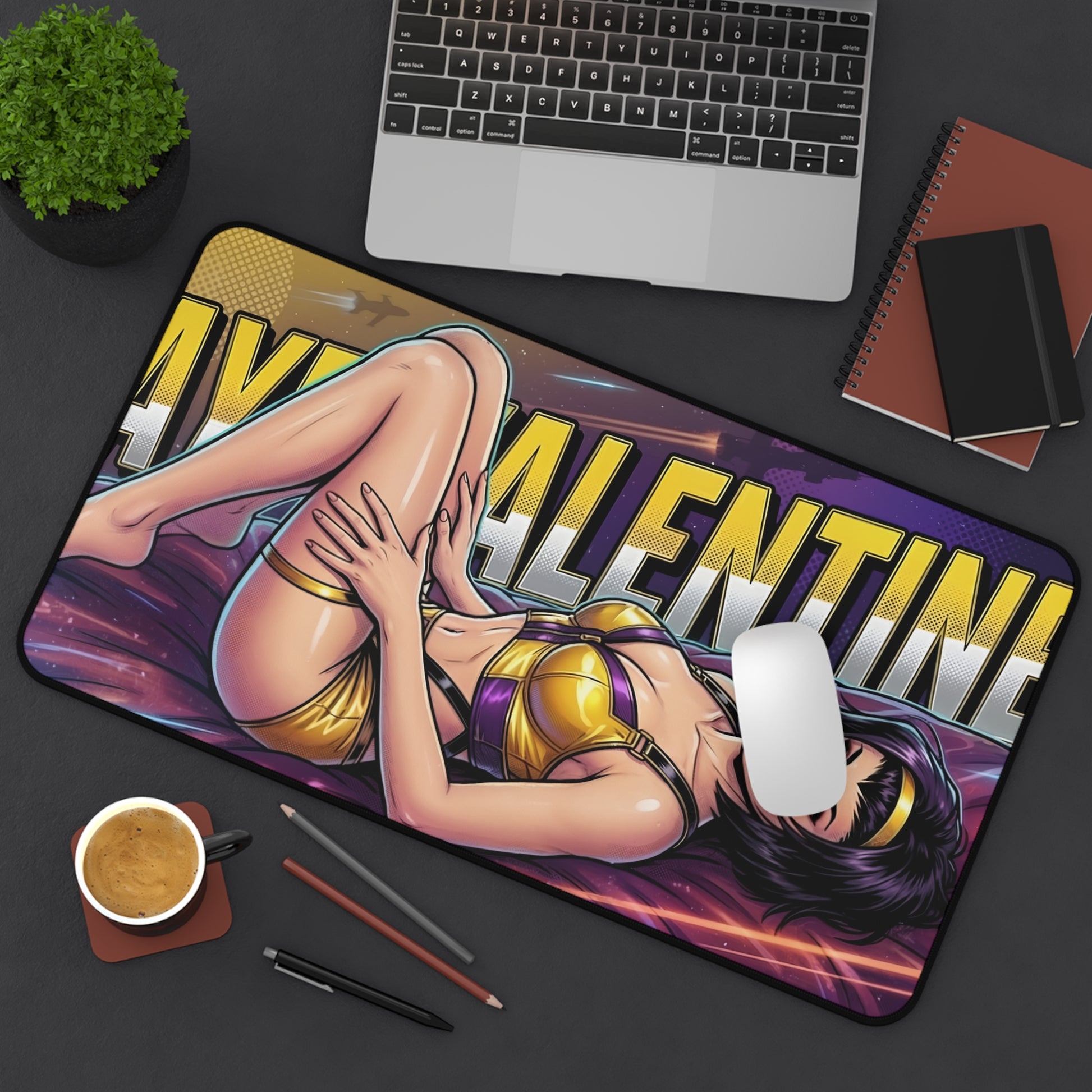 Faye Valentine Desk Mat, Anime Mouse Pad, Retro Sci-Fi Desk Decor vibrant anime art of Faye Valentine on a large non-slip gaming desk mat