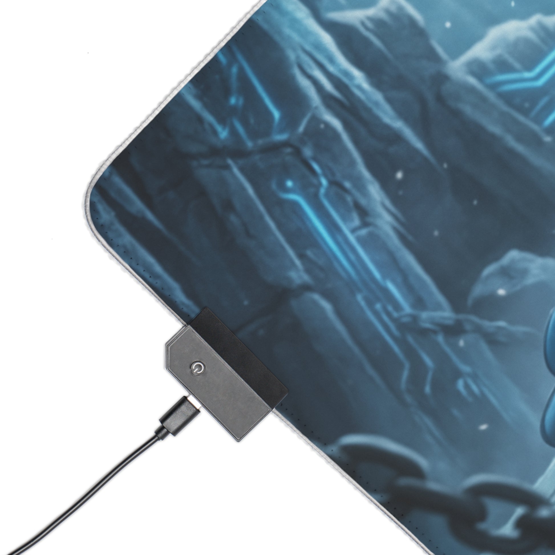 Frost Desk Mat – LED RGB Pad, Waifu Fighter Anime Girl Setup close-up of corner LED controller and icy cyber-fighter artwork on precision cloth surface