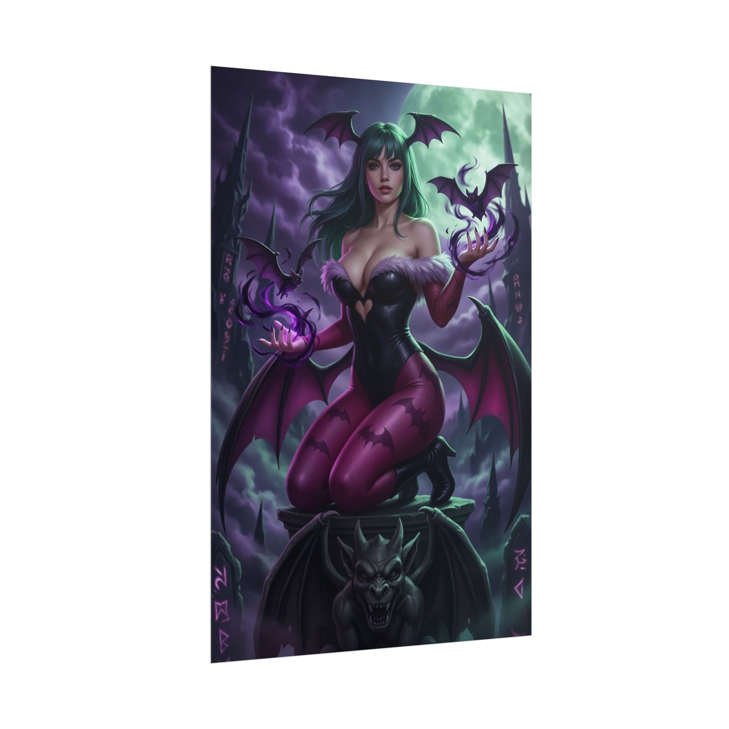 Morrigan Aensland Poster, Darkstalkers Art Print, Iconic Gothic Character - gothic gaming art print of Morrigan with bats and moonlight