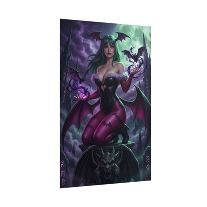 Morrigan Aensland Poster, Darkstalkers Art Print, Iconic Gothic Character - gothic gaming art print of Morrigan with bats and moonlight