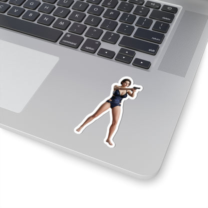 Jill Valentine Sticker – Survival Game Vinyl Sticker for Laptops & Indoor Decor on silver laptop, glossy durable vinyl, tactical character pose