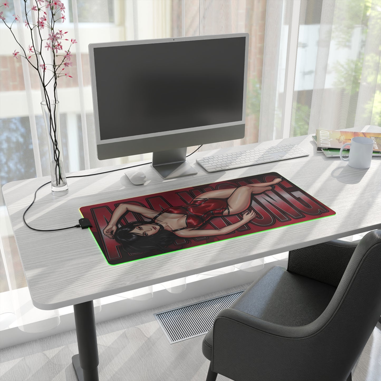 Ada Wong RGB Desk Mat, Resident Evil Gaming Mouse Pad, LED Desk Mat for Gamer Setup featuring red-toned Ada Wong artwork on a full-size RGB mouse pad