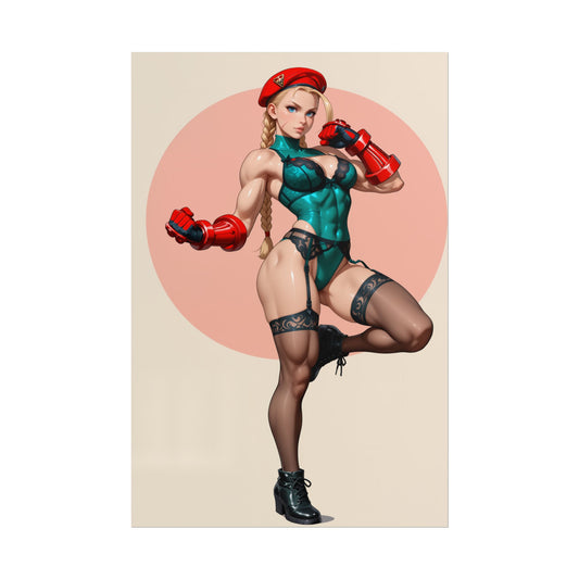 Cammy White Poster, Street Fighter Anime Girl Art Print, Gamer Room Wall Decor - cinematic waifu-style print of Cammy in green outfit and red beret
