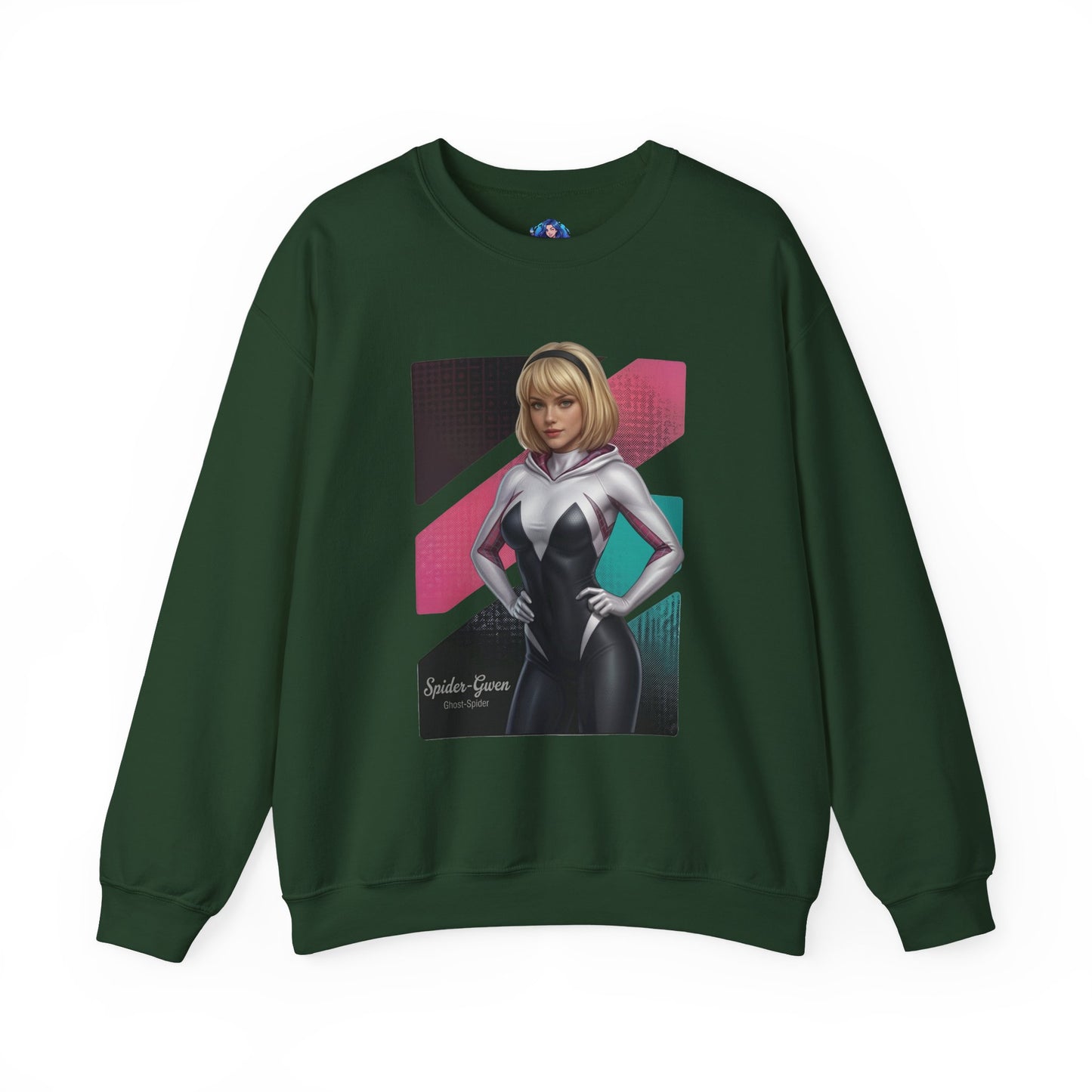 Spider Gwen Sweatshirt, Spider-Verse Crewneck, Stylish Superhero Apparel for Fans – dark green crewneck with Spider Gwen artwork and white-pink costume