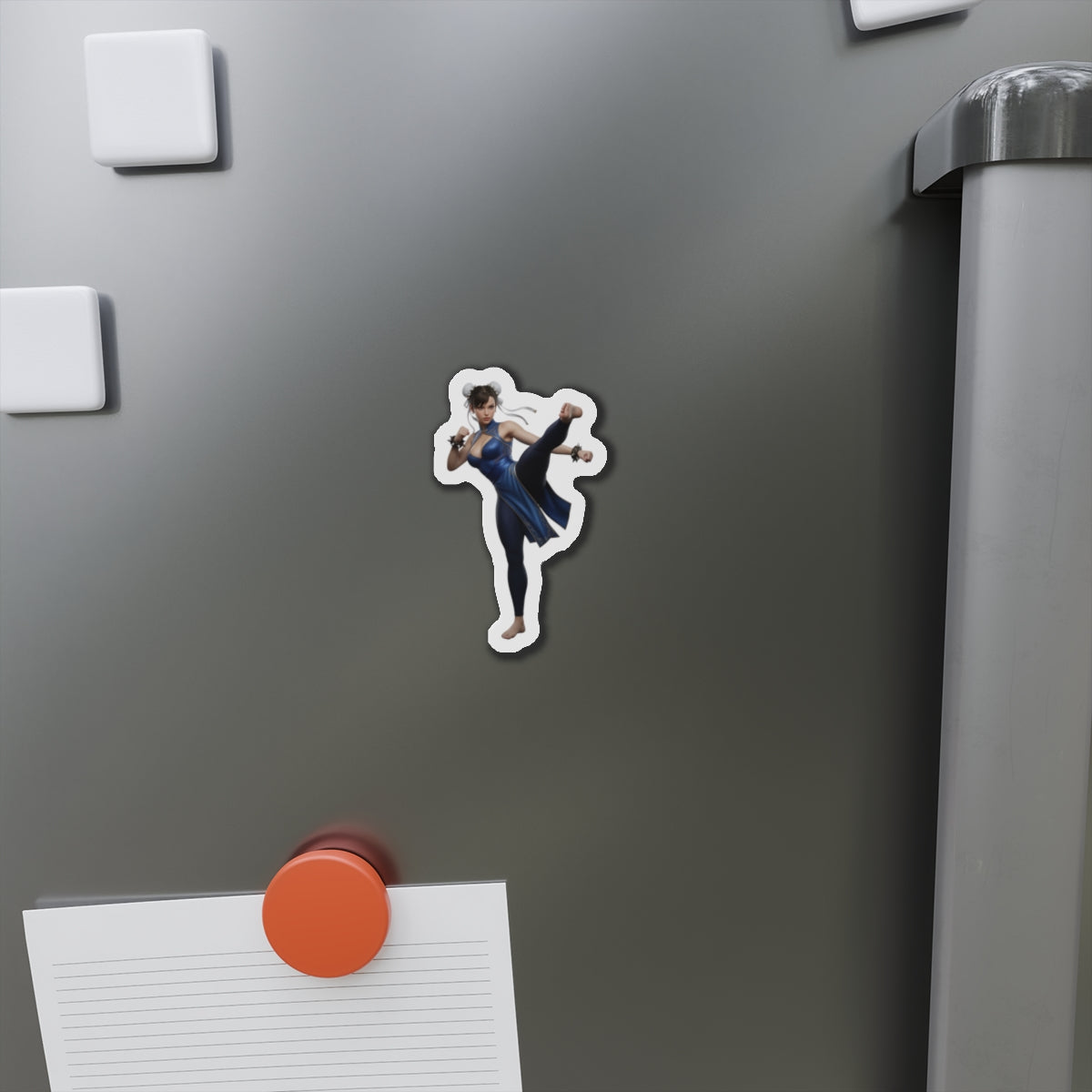 Chun-Li Magnet – Street Fighter Anime Heroine Fridge Magnet, Game Decor on metal fridge showing die-cut vinyl Chun-Li sticker decorative magnet