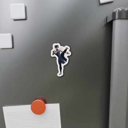 Chun-Li Magnet – Street Fighter Anime Heroine Fridge Magnet, Game Decor on metal fridge showing die-cut vinyl Chun-Li sticker decorative magnet
