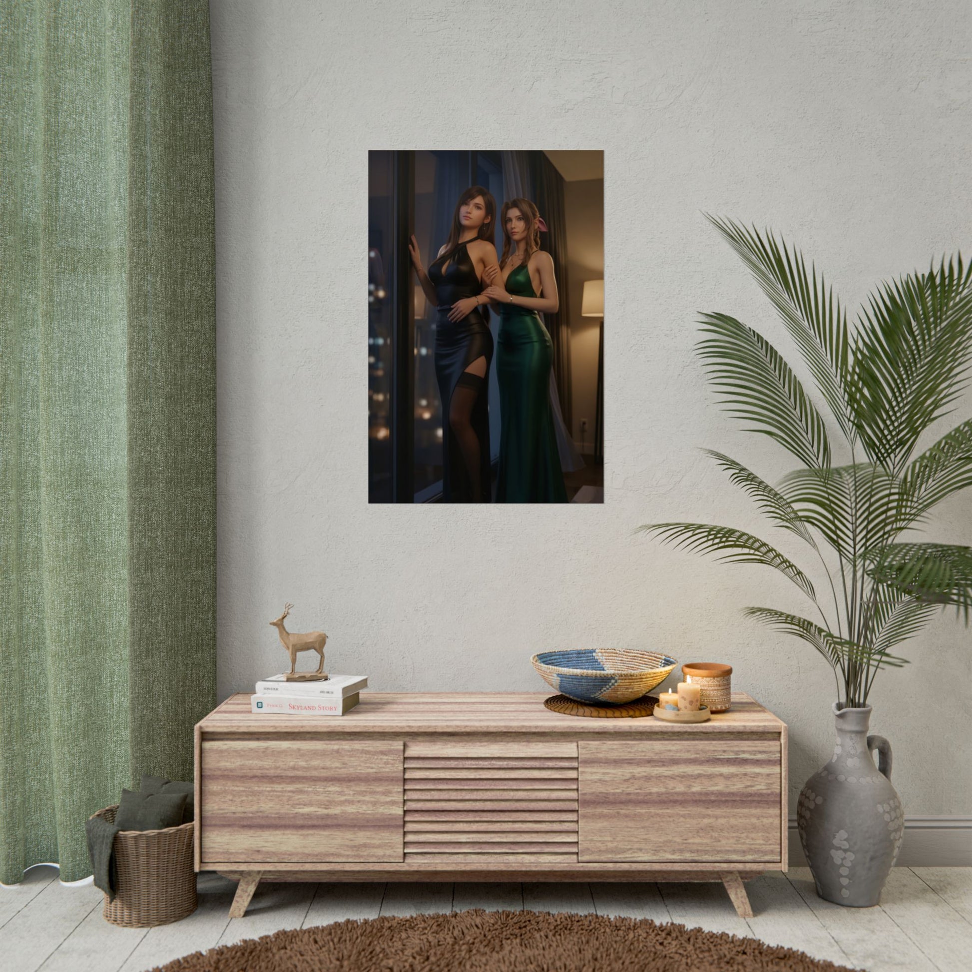 Tifa Aerith Poster, Final Fantasy Art Print – RPG Fan Wall Artwork showing two heroines in elegant gowns on a living room wall
