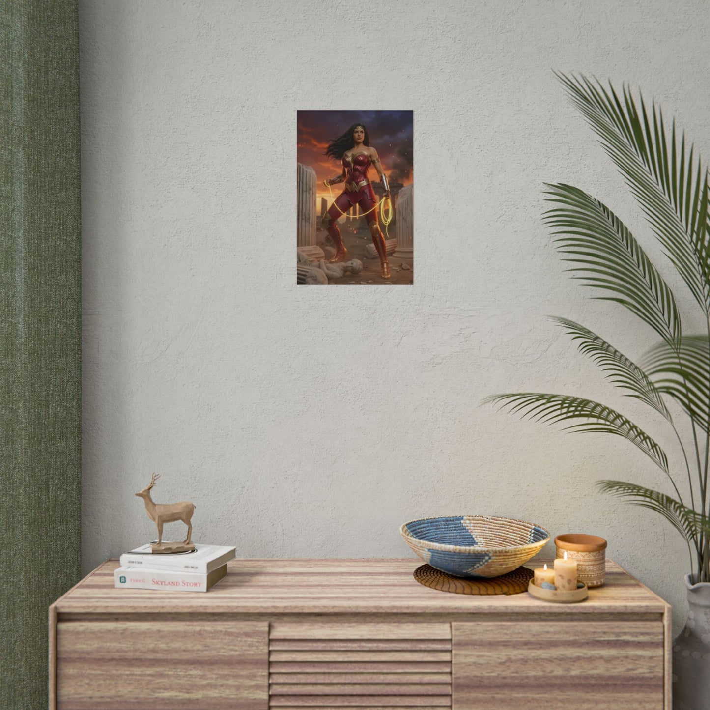 Wonder Woman Poster, DC Comics Art Print – Superhero Wall Art displayed above a modern console in a gamer room or fan collection