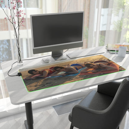 Ada Wong, Claire Redfield & Jill Valentine Desk Mat – LED RGB Pad showing trio artwork on a large RGB gaming desk mat at a modern white workstation