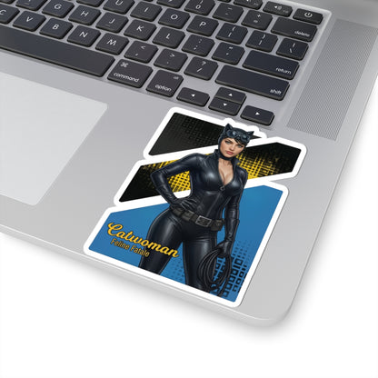 Catwoman Sticker – Comic Heroine Vinyl Sticker for Laptops & Indoor Decor on laptop showing glossy, durable vinyl, vibrant comic-style Catwoman artwork