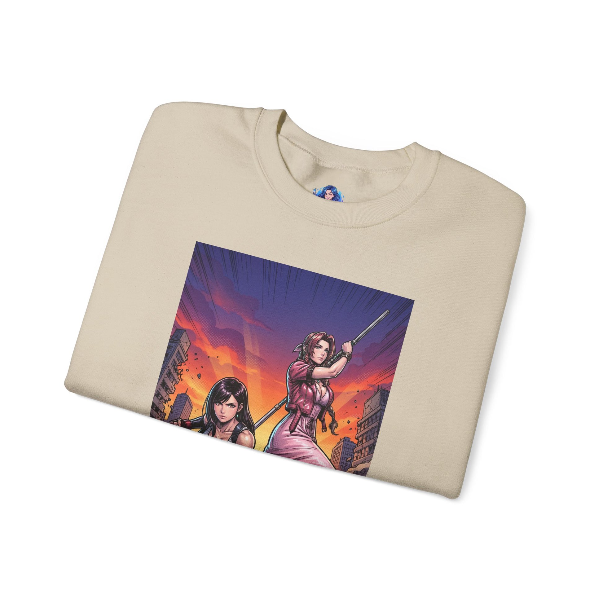 Tifa Lockhart & Aerith Gainsborough Sweatshirt, Game Character Art, Premium Fan Apparel folded beige crewneck showing Tifa and Aerith battle pose art