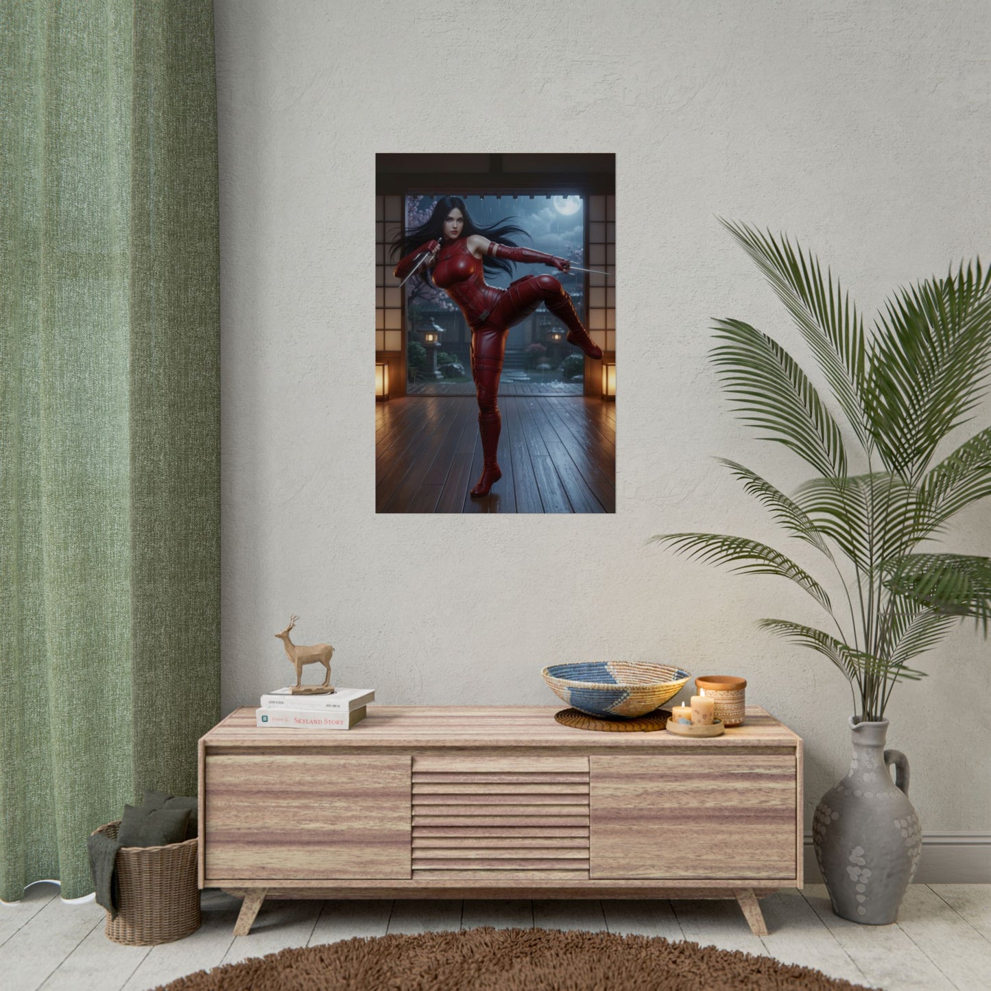 Elektra Poster, Marvel Art Print – Dark Superhero Wall Decor featuring Elektra in red suit over modern game room display