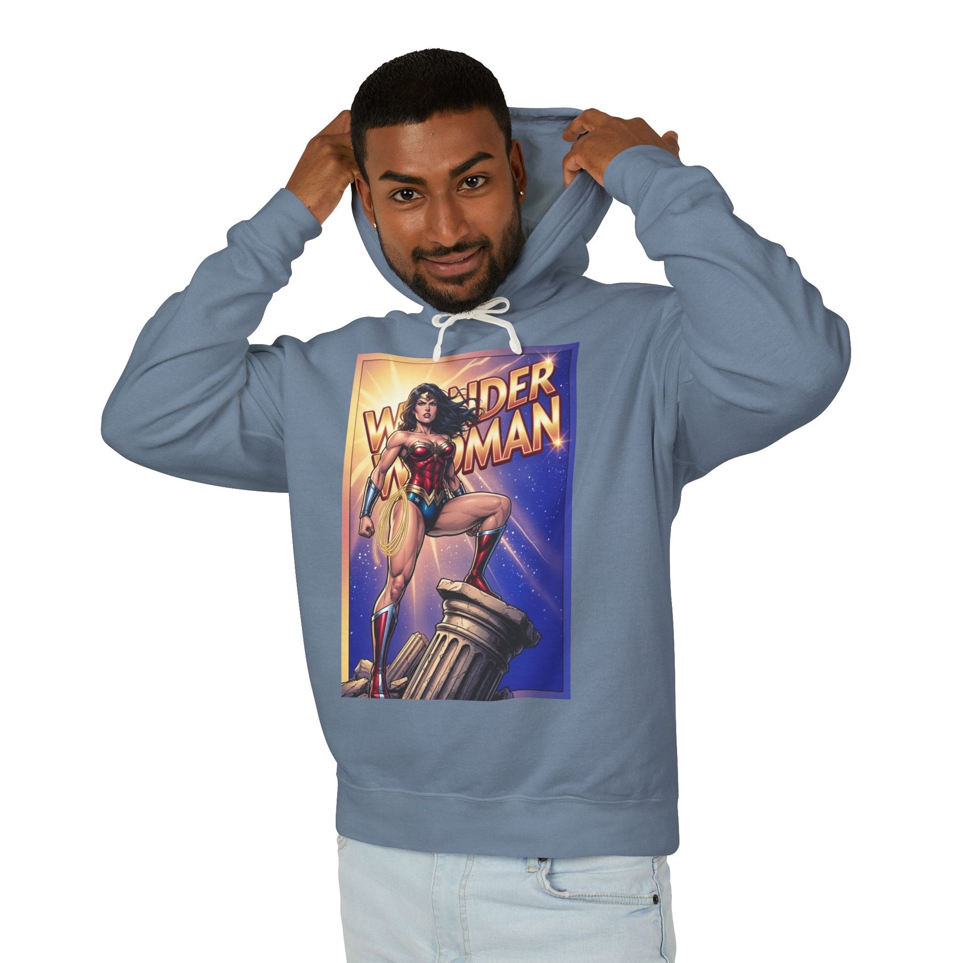 Wonder Woman Hoodie | DC Superhero Hoodie | Amazon Warrior Pullover - man wearing light blue Wonder Woman graphic pullover hoodie, soft cotton streetwear
